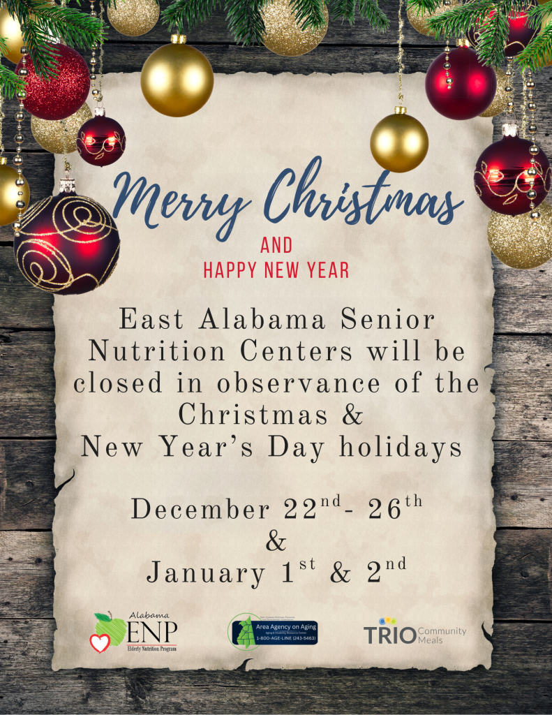 senior centers closed for the christmas and new year holidays december 22 -26 and january 1-2